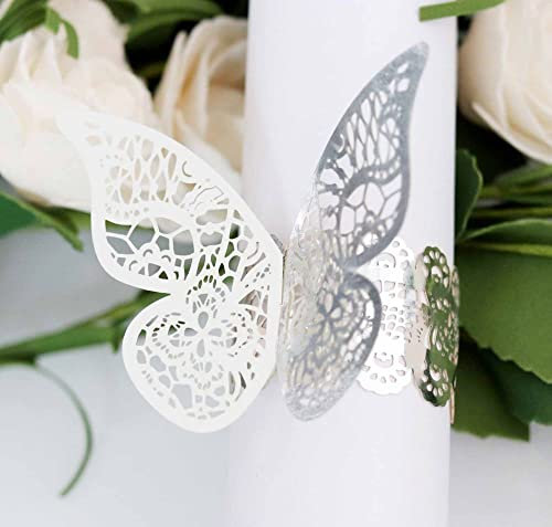 qbodp Einweg-Serviettenringe,100Er-Set,Makramee-Serviettenringe Zum Aushöhlen Für Die Hochzeit,Tischdekoration,Serviettenschnallen Aus Papier,Schmetterling,Silber