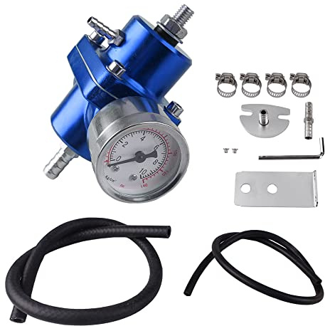 BARTOO Universal Adjustable Fuel Pressure Regulator Kit, Aluminum Fuel Regulator,Adjustable Gas Oil Injection Pressure Regulator with 0-140 PSI Gauge -Blue