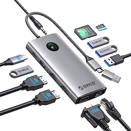 ORICO 12-in-1 Docking Station, Triplo Display con 2 HDMI 2K & VGA 1080P, Displaylink Expand MacBook M1/M2, 3 Porte USB-A 3.0 per 5 Gbps, USB-C PD, Ethernet, SD/TF, Audio, per Windows/Linux, Argento
