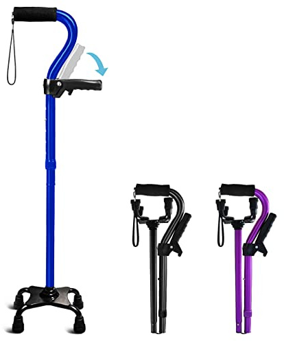 Adjustable Walking Cane for Men & Women with 4-Pronged Base for Extra Stability - Foldable Cane for Seniors with Foam Padded Offset Handle for Soft Grip & a Second Handle for Standing
