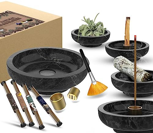Porta Incenso Per Bastoncini, Porta Zampironi, 6-In-1 Multifunzionale Bruciatore Incenso Marmo Grande per Palo Santo Zampironi Repellenti con Bastoncini di Incenso Come Regalo (Nero)