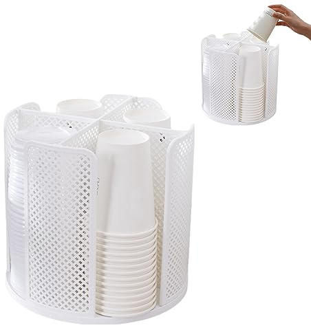 Portabicchieri Usa e Getta, Dispenser Girevole a 360° Circolare Portabicchieri con 4 Scomparti, Carta Organizzatore di Bicchieri da Appoggio in Plastica per bancone, caffetteria, buffet (bianco)