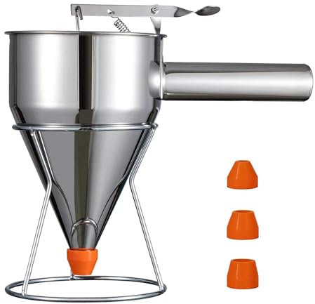 AYYDS Teigspender, 600ml/1200ml Pfannkuchen Teigspender, Edelstahl Teigportionierer Kolbentrichter Fondanttrichter Backtrichter mit Ständer und 4 Düsen Ø8/12/14/17mm (600ML)