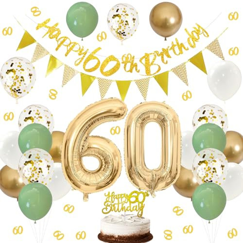 Luftballons 60. Geburtstag Deko Set Grün - Banner, Kuchen Deko, Girlande, Konfetti für Mann und Frau