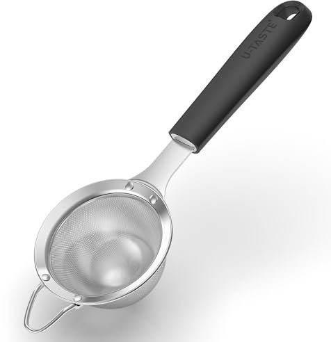 U-Taste Small Fine Mesh Sieve: 18/8 Stainless Steel 8.5cm Kitchen Sieve and Strainer with Riveted Sturdy Silicone Handle, Great for Sifting Flour, Straining Tea, Rice, Quinoa (Black)