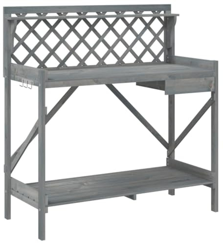 vidaXL Pflanztisch mit Rankgitter, Gärtnertisch mit viel Stauraum, Arbeitstisch für Garten Terrasse, Gärtnerbank Pflanzbank, Grau Massivholz Tanne