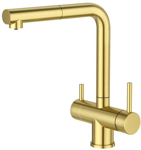 CREA 3 Wege Wasserhahn Küche mit Brause Ausziehbar, Trinkwasserhahn | 360° Drehbar Küchenarmatur,3 in 1 Mischbatterie für Wasserfilter,Spültischarmatur,2 Hebel,Gold