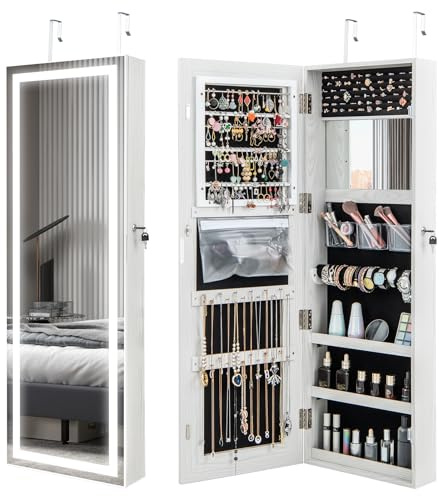 COSTWAY 3-Color LED Lights Jewellery Cabinet, Door Hanging/Wall Mounted Jewelry Armoire with Full Length Mirror and Large Storage, Bedroom Lockable Cosmetics Jewellery Organiser Unit Gift (White)
