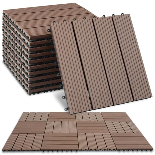tectake® Set di 11 Piastrelle per Terrazza, Balcone, Giardino in WPC, Piastrelle da Giardino con Sistema a Clic, Superficie Antiscivolo, Resistente alle Intemperie, Effetto Legno - Marrone