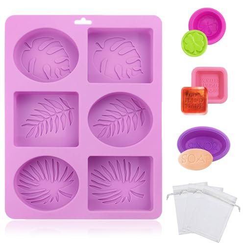 1 molde de jabón de silicona morado, 6 moldes para jabón, molde hecho a mano con hojas, molde de jabón con 3 malla espumosa, 3 moldes pequeños de silicona, juego de fabricación manual para velas