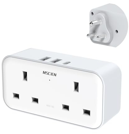 UK to India Plug Adapter, MSCIEN India Travel Adapter with 3 USB (1 USB C), Grounded Charger Travel Adaptor Plug UK to India, Sri Lanka, Maldives, Pakistan, Nepal, Yemen, Iraq (Type D Plug)