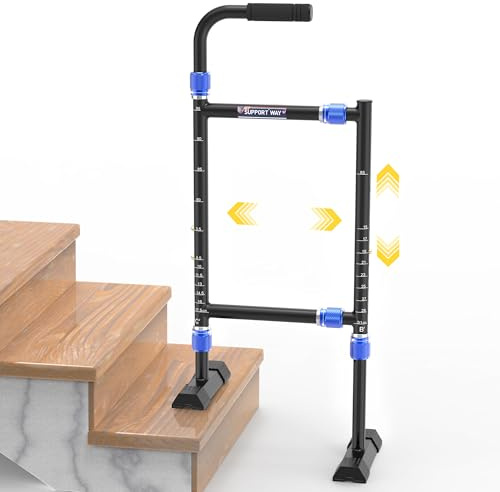 Canne d'aide à l'escalier réglable en hauteur et en largeur pour personnes âgées, personnalisable pour s'adapter à la plupart des marches d'intérieur/extérieur, large base antidérapante, canne