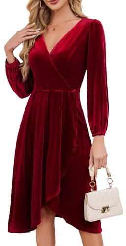 Meetjen Womens Elegant Velvet Long Sleeve Midi V Neck Dress Formal Fall High Low Christmas Evening Gown Dark Red L