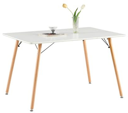 H.J WeDoo Rechteckig Esstisch Küchentisch Buchenholz für 4 Stühle Esszimmertisch Tisch mit Holzbein MDF Weiß 120 x 80 cm (Nur Tisch)