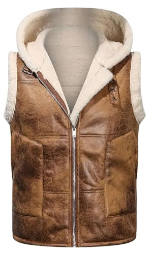 Gilet da uomo in pelle, imbottito in peluche, comodo, unisex, per attività all'aria aperta, con cappuccio e colletto alto, leggero, con tasche, casual, in pile, alla moda, per attività all'aria