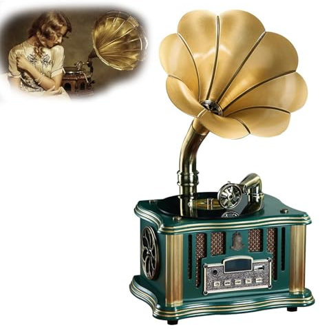 Gramophone Tourne-disque vintage avec double haut-parleur, chargement USB, Bluetooth et FM, batterie 4000 mAh, décoration d'intérieur