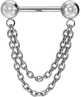 PIERCINGLINE Titan Barbell mit Push Fit 2 KETTEN + KRISTALLE Brustwarzenpiercing Nippelpiercing Silberfarben 1,6 x 14 mm