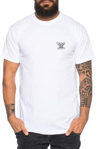 Logo White Ruffy Straw Hat Besticktes Herren T-Shirt - Manga One Pirat Anime Luffy, Farbe:Weiß, Größe:3XL