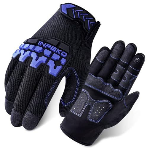 INPAKO Work Gloves for Men and Women, Anti-Vibration Garden Gloves,Touch Screen Multipurpose Gloves,Utility Mechanic Working Gloves Blue Medium