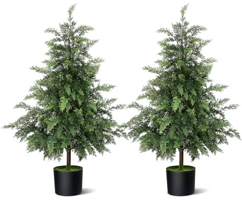 Lifelike Touch Artificial Cedar Christmas Trees for Front Porch (2Set 3FT) | Fake Christmas Trees, Faux Cedar Pine Potted Plants, UV Resistant, for Front Door Garden Outdoor Farmhouse Home Decoration