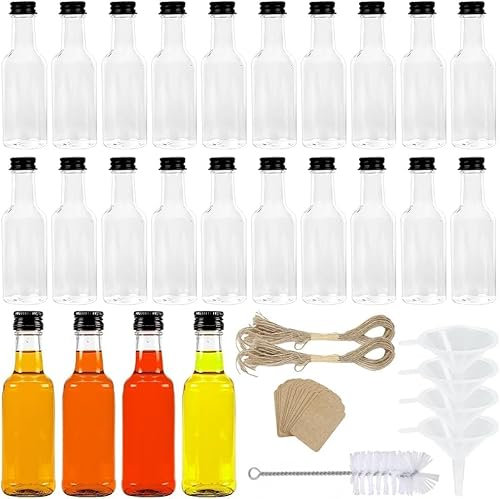 ROTKUSZ 24 Botellas de Jugo de Plástico, Botellas de Jugo Vacías con Cepillo de Limpieza y Embudo, Botellas Plástico Pequeñas de 50ml, Botella Plastico Transparente, para Agua, Leche