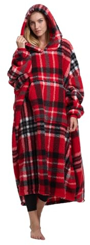 HORIMOTE HOME Christmas oodie Blanket Red Black Plaid Oversized Fleece Hoodie Blanket for Women Cuddly Sherpa Wearable Snuggle Blanket for Adults Men Teenager, Super Warm and Soft