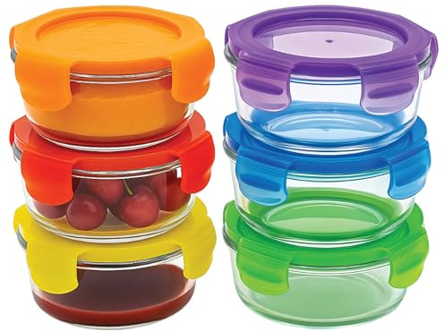 ARSUK Glass Baby Food Storage Containers (215 ml, 6PCS) - Small Glass Jars with Lids - Baby Weaning Pots For Freezer - Ideal Storage for Snack Pots - BPA Free, Microwaveable