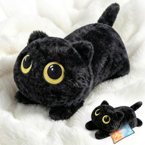 RLOMUTE Schwarz Katze Gewichtetes Plüschspielzeug Mikrowellengeeignet süßes superweiches Plüschkissen zum Umarmen warm heiß kalt Geschenk für jedes Alter Kinder Jugendliche und Erwachsene 50cm 4,4lb