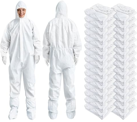 30 Pack Heavy-Duty Disposable Spray Painted Protective Clothing Set - Hooded Jumpsuit with Elastic Cuffs + Shoe Covers + Gloves (Unisex, White, Size L)