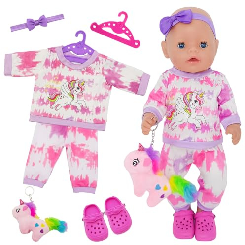 7 Stück Kleidung Outfits für 14-18 Zoll Baby Puppen, Neue 30-43cm Baby Puppenkleidung Outfits Zubehör 1 Oberteil 1 Hose 1 Stofftier 1 Schuhe 1 Haarband 2 Kleiderbügel Geburtstagsgeschenk für Mädchen