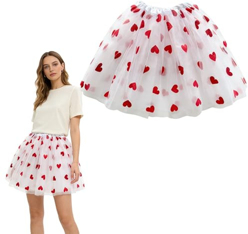 Rtyuio DamenTüllrock Tutu, Weiß mit roten Herzen, Hoher Bund plüschiger Ballettrock, Unterrock Zubehör für Valentinstag, Karneval & Themed Partys, Amor Kostüm