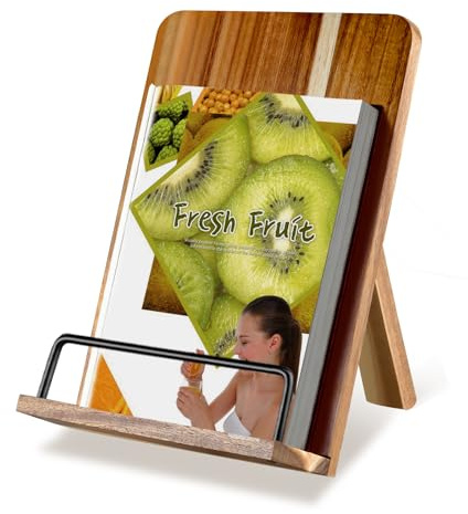 Acacia Wood Cookbook Stand for Kitchen Counter - Adjustable Recipe Book Holder & Tablet Stand - Heavy Duty Hands-Free Bookstand for Large Cookbooks, iPad & Bible - Rustic Farmhouse Decor