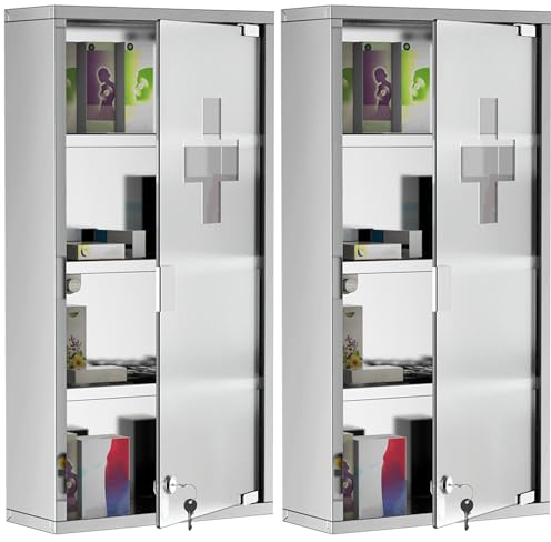 HOMCOM Lot de 2 Armoires à Pharmacie à 4 Niveaux, Porte Verre trempé, Symbole Croix, Acier Inoxydable brossé, 30L x 12l x 60H cm, Argenté