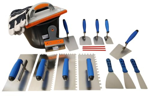 Kabou Profi Maurerkellen-Set Kellenset mit Glättekelle Zahnkelle Trapez-Spachtel Spachtelkelle Stuckateurkelle rostfrei Fassadenspachtel Baueimer uvm.