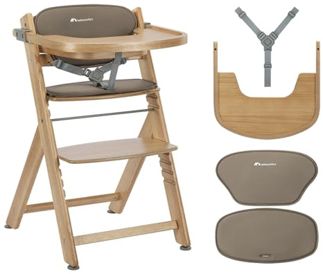 Bebeconfort Timba 2 med Kudde, Justerbar Barnstol i Trä, 6+ Månader, Upp till 110 kg, Ergonomisk Matstol Barn, Passar till de Flesta Matbord, Avtagbar Bricka, Natural Wood + Beige
