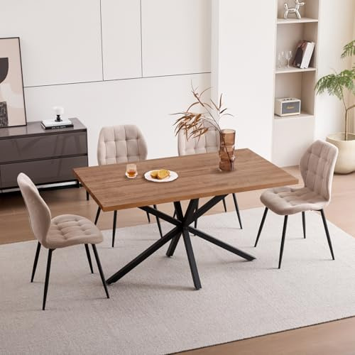 JZGORC Conjunto de Mesa y Sillas de Comedor: Mesa Rectangular de 140 cm y 4 Sillas Tapizadas, Ideal para Comedor, Cocina y Salón - Marrón Oscuro + Caqui