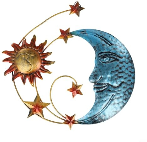 Metall Sonne Mond Wandkunst Himmlische Wanddekoration für Innen Außen - Eisen Wandbehang mit Sonne und Stern Design Garten Wand Ornament für Wohnzimmer Schlafzimmer