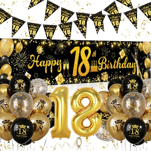 Palloncini 18 Anni Compleanno Ragazza Ragazzo, 18 Anni Decorazioni Oro e Nero, Festone Buon Compleanno, Feste di Compleanno Sfondo Fotografico Tessuto per Compleanno 18 Anni Feste