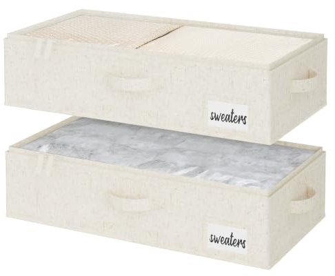 StorageWorks Unterbett Aufbewahrung, große Unterbett Aufbewahrungsbox mit Deckel Stoff, faltbare Unterbettkommode für Kleidung, Decken und Schuhe, Beige (Baumwolle-Leinen), 2 Stück