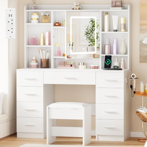 YUNSCEND Modern Dressing Table with LED Light and Mirror, Stool, 8 Hooks | White Vanity Desk with Power Outlet, Makeup Vanity Table with 9 Drawers and 6 Open Shelves, Makeup Desk for Bedroom YXFST015W