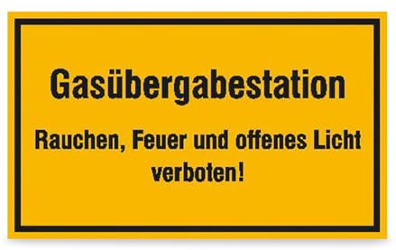 Hinweisschild Gasübergabestation Rauchen, Feuer und offenes Licht verboten! - Aluminium, geprägt - 30,0 x 20,0 cm - Text Schild - schwarz gelb