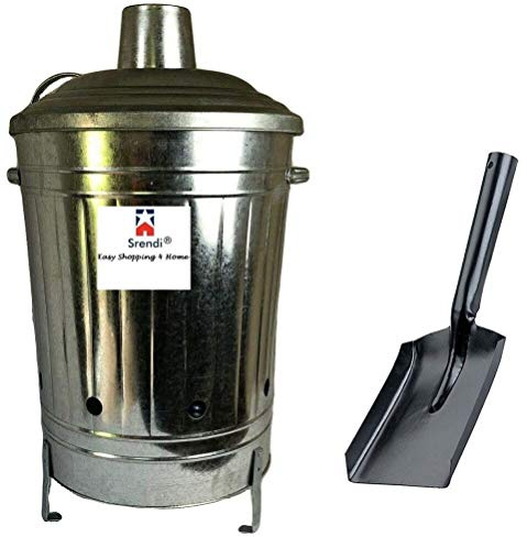 Srendi® Small Medium Large 15L 60L 90L Litre Metal Galvanised Garden Incinerator Fire Bin Burning Leaves Paper Wood Rubbish Dustbin Shovel Poker Made in U. K. (60L INC+Shovel)