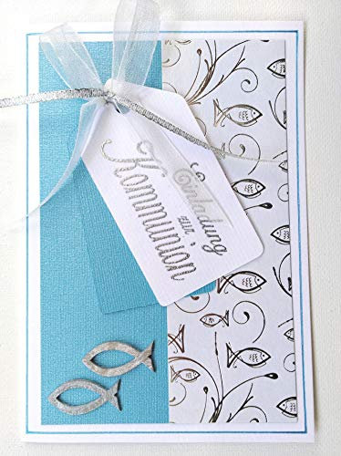 Fibula[Style]® 8 x Hochwertige Einladungskarten zur Kommunion Fische - türkis *Handmade*