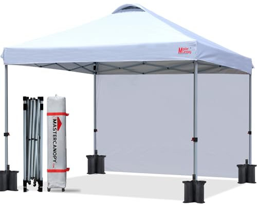 MASTERCANOPY 2 x 2 m Pop-up-Pavillon Faltpavillon Festzelt mit Entlüftung & 1 Seitenwand/Seitenteil für Markt, Garten, Events, Weiß