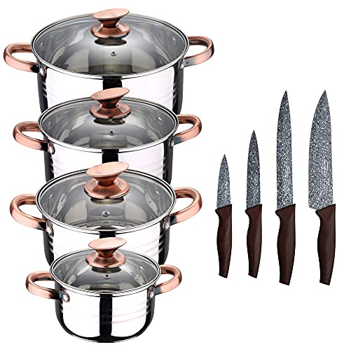 San Ignacio Bateria de cocina 8 piezas apta para induccion Altea en acero inoxidable con set de 4 cuchillos de cocina de acero inoxidable Daimiel