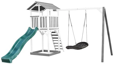 AXI Beach Tower Spielturm aus Holz in Weiß & Grau | Spielhaus für Kinder mit grüner Rutsche, Nestschaukel und Sandkasten | Stelzenhaus für den Garten