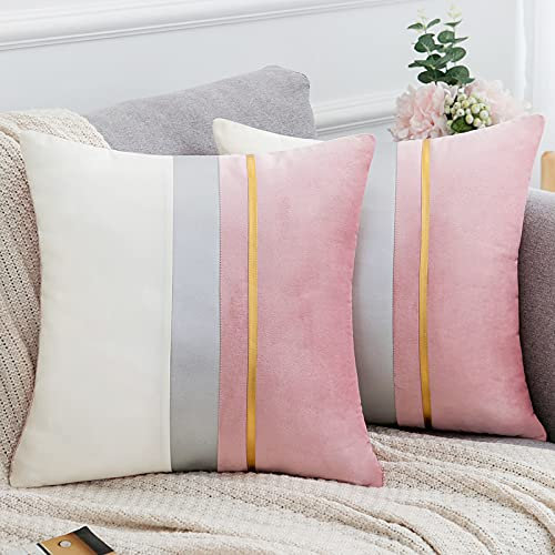 Serento Juego de 2 Fundas de Cojín Moderna Almohadas Cuadrada para Sofá Rosa y Blanco Empalme con Rayas Cuero Dorado Plateado 40x40cm Decoración para Hogar Cama Bancos Sala Sillas Jardín Exterior