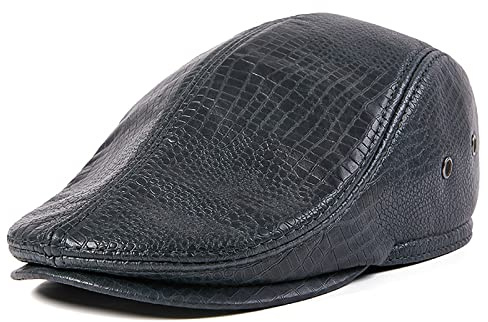 WHSPORT Schiebermütze Herren Flatcap mit Ohrenklappen Schirmmütze Barett Cap Leder Newsboy Gatsby Mütze, Ivy Driving Hüte Herbst/Winter (Color : Black, Size : 55-56)