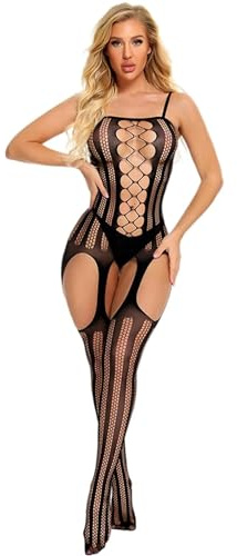 Bommi Fairy Women's Fishnet Chemise BobyStocking Babydoll Bodysuit Chemise Nightwear Perspective Lingerie Mini Dress Free Size