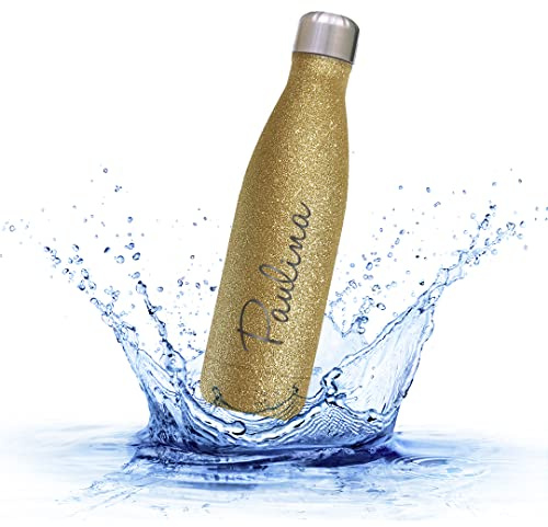 Sprengers – Personalisierbare Glitzer Trinkflasche aus Edelstahl – auslaufsichere & thermoisolierte Wasserflasche hält Getränke bis zu 18 Stunden warm oder kalt (0.5 l, Gold Glitzer)